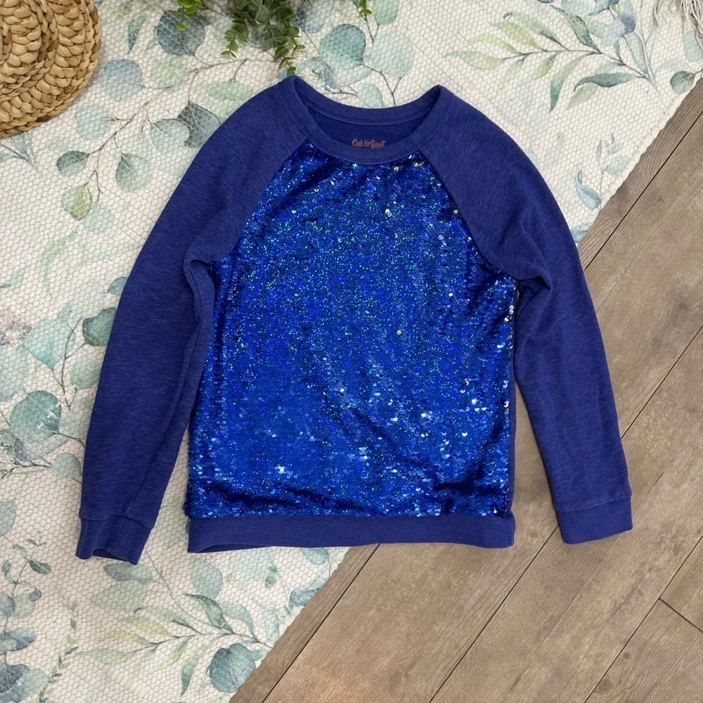 Cat & Jack Blue/Silver Sequin Girls Kids Sweatshirt Size Medium 7/8